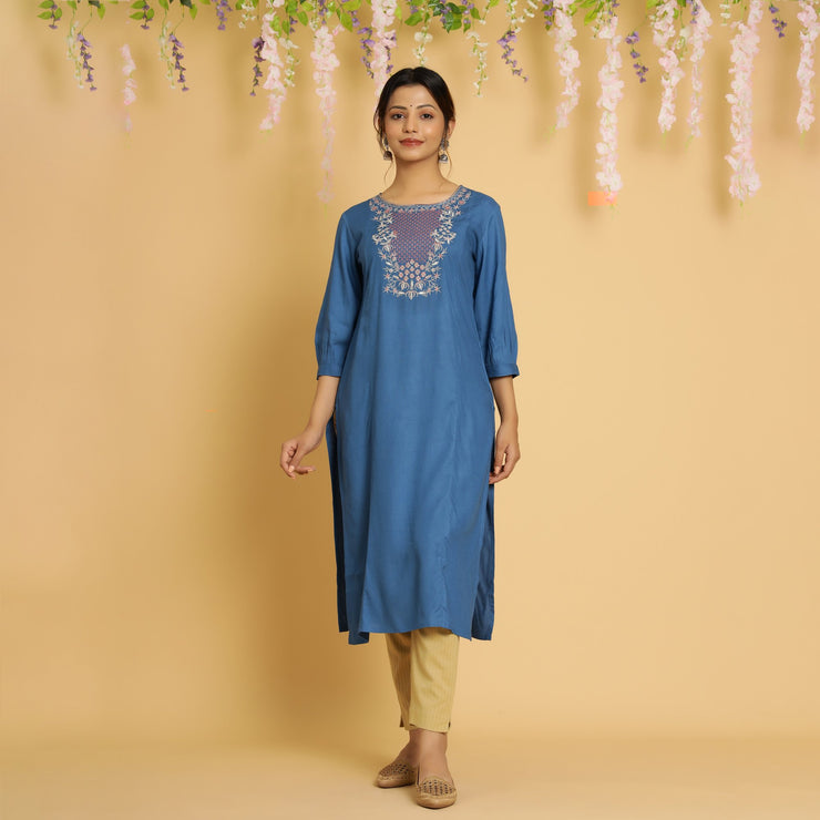 RangDeep Women Sapphire Embroidered Straight Kurti