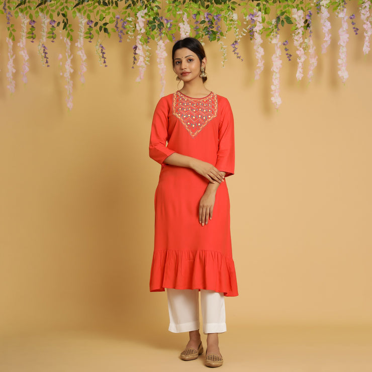 RangDeep Women Tangerine Embroidered Straight Kurti