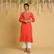 RangDeep Women Tangerine Embroidered Straight Kurti