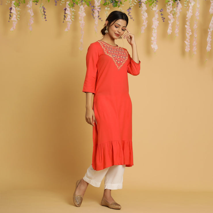 RangDeep Women Tangerine Embroidered Straight Kurti