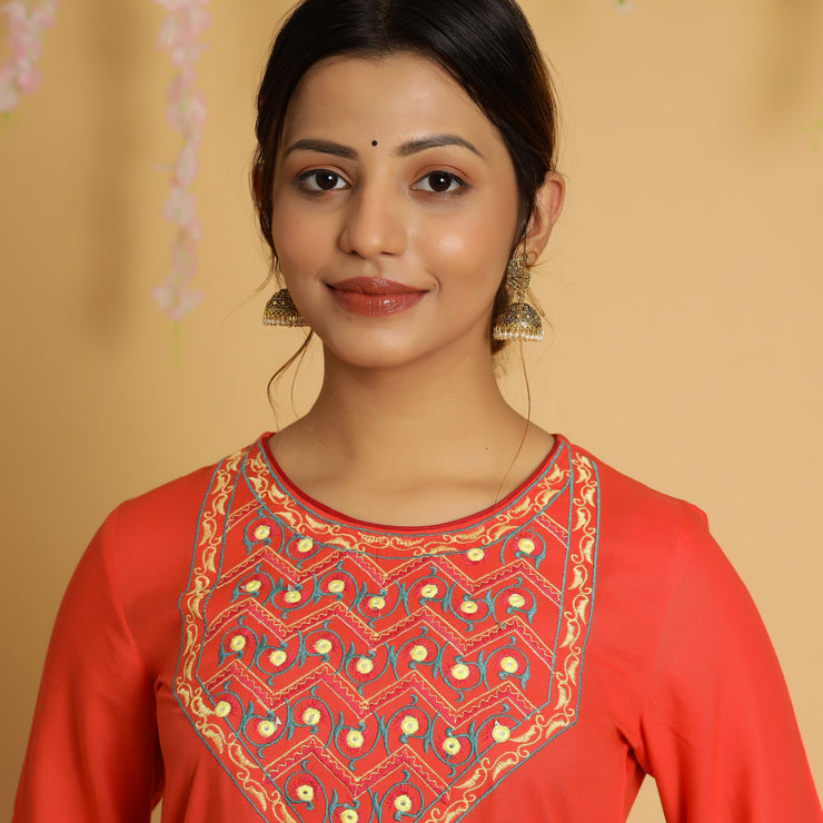 RangDeep Women Tangerine Embroidered Straight Kurti