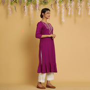 RangDeep Women Magenta Embroidered Straight Kurti