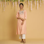 RangDeep Women Peach Embroidered Straight Kurti