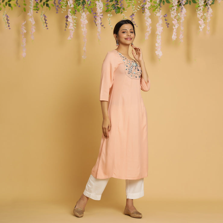 RangDeep Women Peach Embroidered Straight Kurti