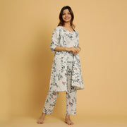 White Cotton Printed  3 PEICE Night Suit Set with Payjama