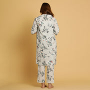 White Cotton Printed  3 PEICE Night Suit Set with Payjama