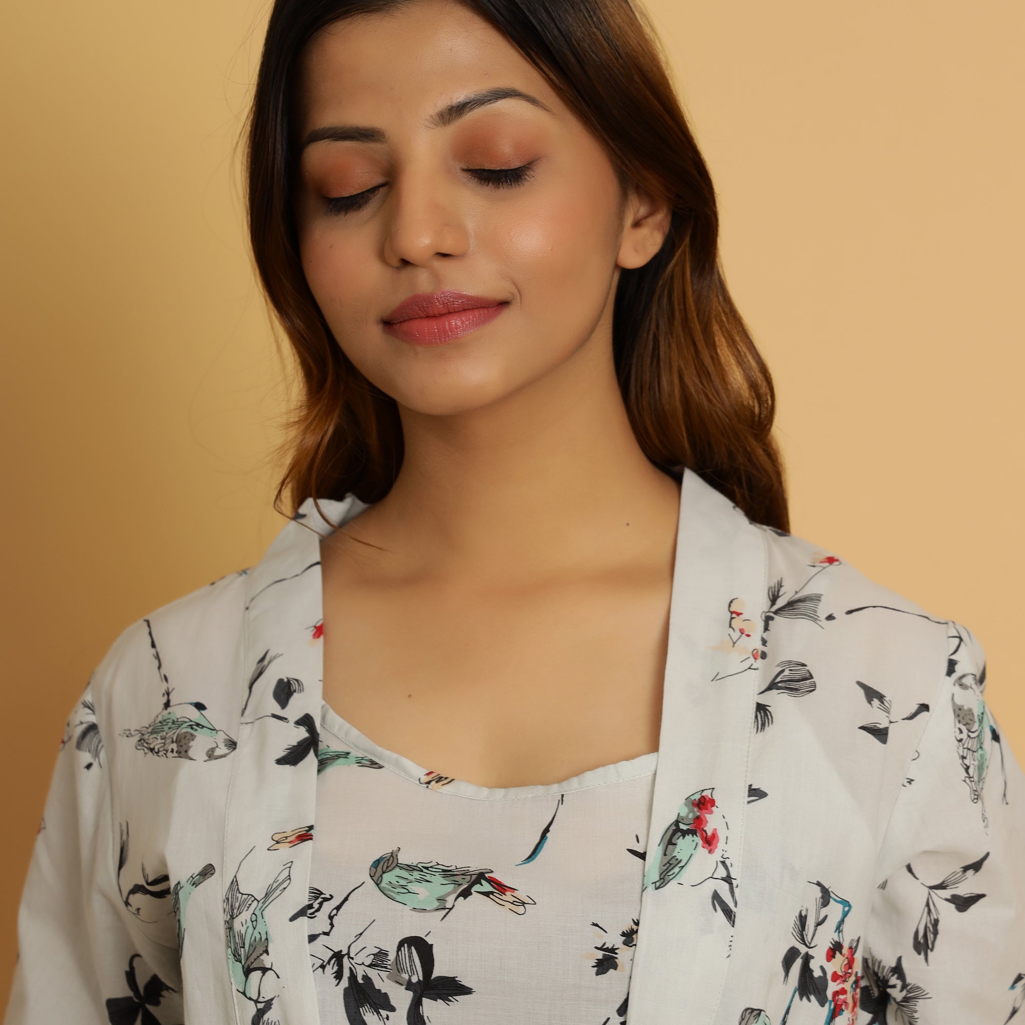 White Cotton Printed  3 PEICE Night Suit Set with Payjama