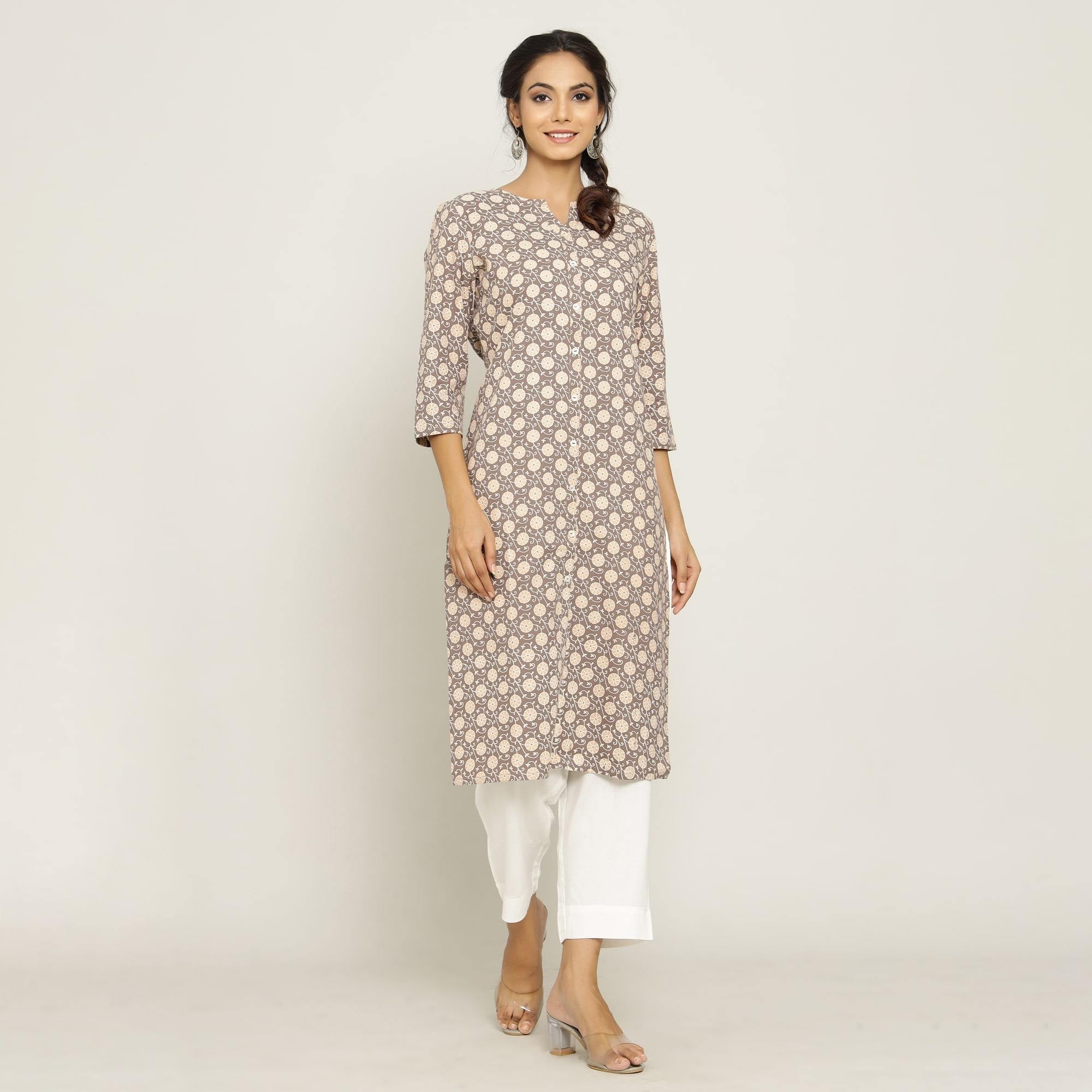 Rangdeep Beige printed Calf length Cotton Kurti