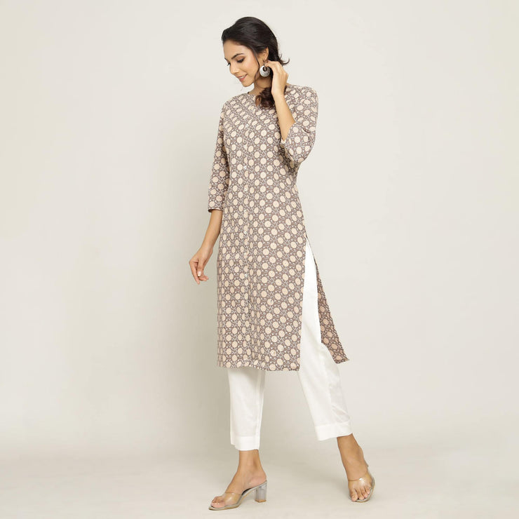 Rangdeep Beige printed Calf length Cotton Kurti