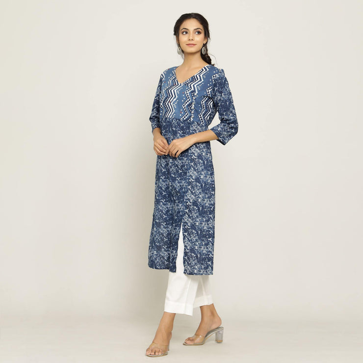 Rangdeep Blue printed Calf length Cotton Kurti