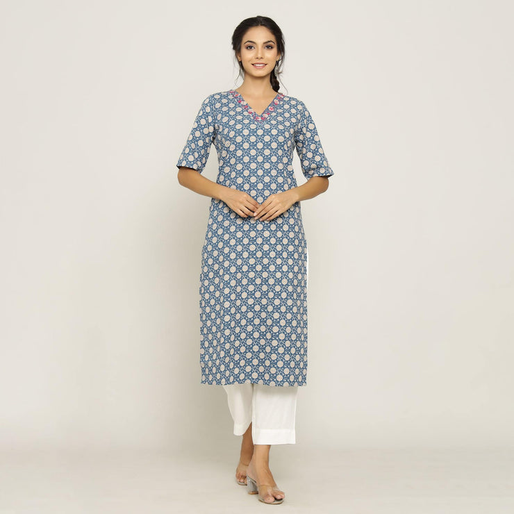 Rangdeep Blue printed Calf length Cotton Kurti