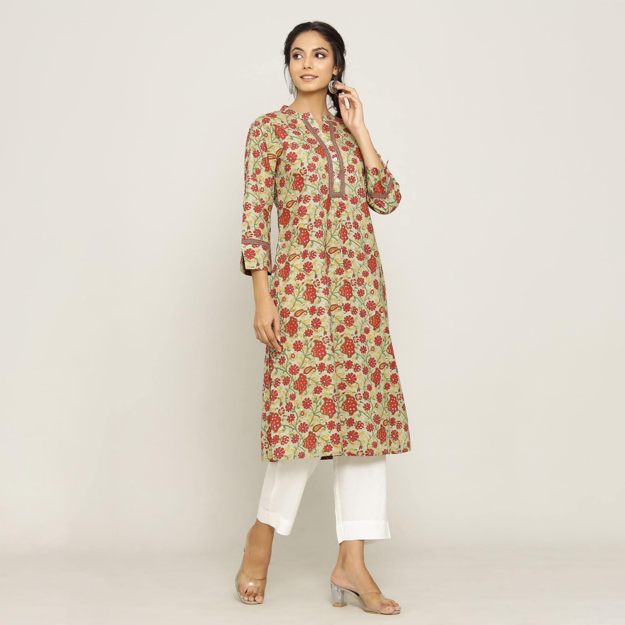 Rangdeep Beige printed Calf length Cotton Kurti