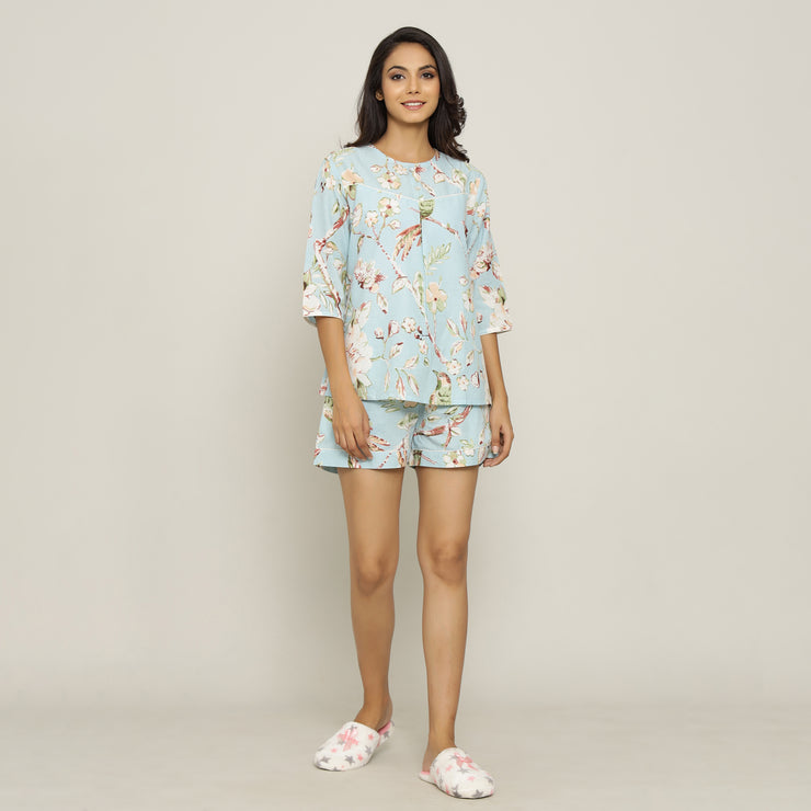 Sky Blue Cotton Printed Night Suit Set