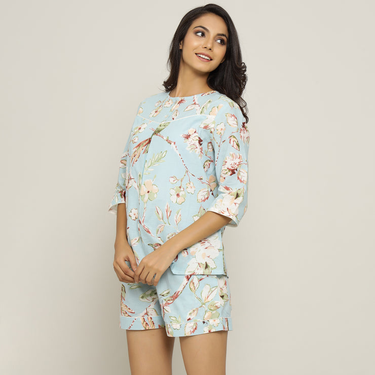 Sky Blue Cotton Printed Night Suit Set