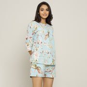 Sky Blue Cotton Printed Night Suit Set