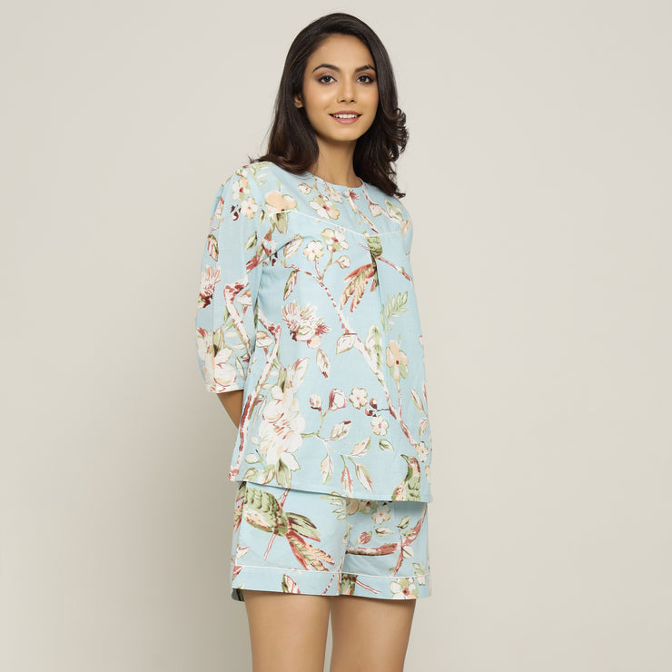 Sky Blue Cotton Printed Night Suit Set