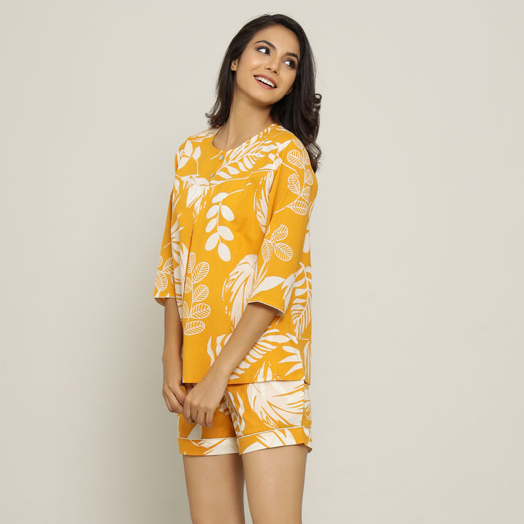 Yellow Cotton Printed Night Suit Set