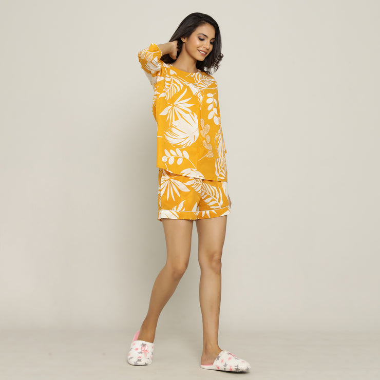 Yellow Cotton Printed Night Suit Set