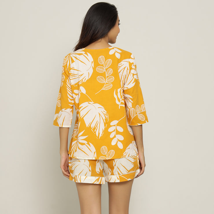 Yellow Cotton Printed Night Suit Set