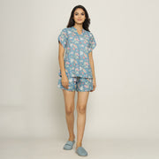 Turquoise Cotton Printed Night Suit Set