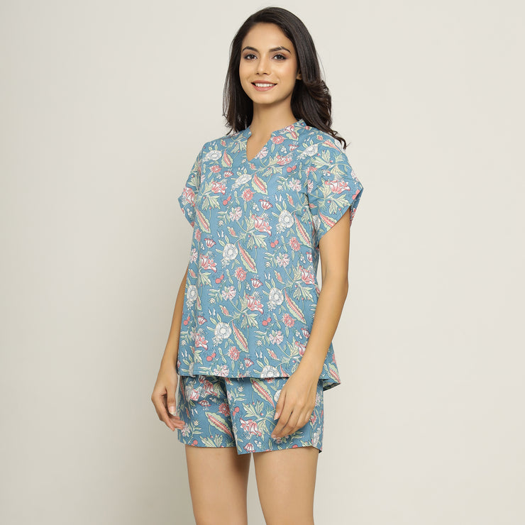 Turquoise Cotton Printed Night Suit Set