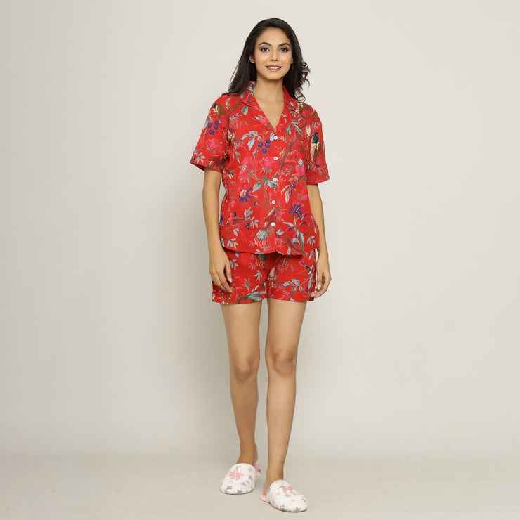 Red Cotton Printed Night Suit Set