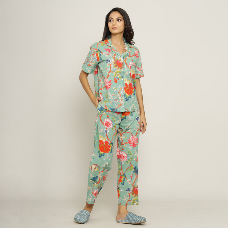 Green Cotton Printed Night Suit Set with Pajama