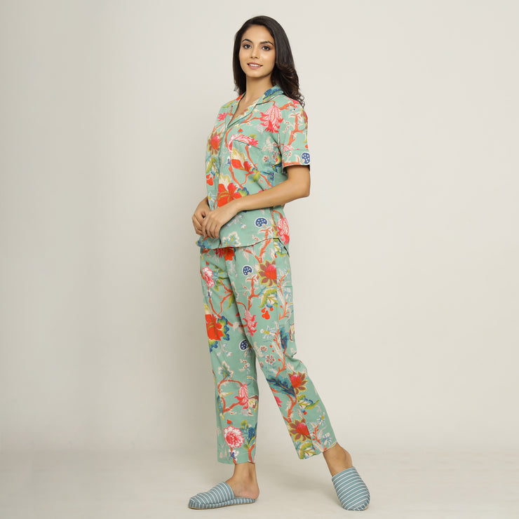 Green Cotton Printed Night Suit Set with Pajama