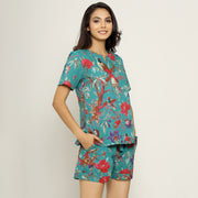 Teal Cotton Printed Night Suit Set with Shorts