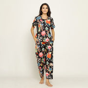 Black Cotton Printed Night Suit Set with Pajama