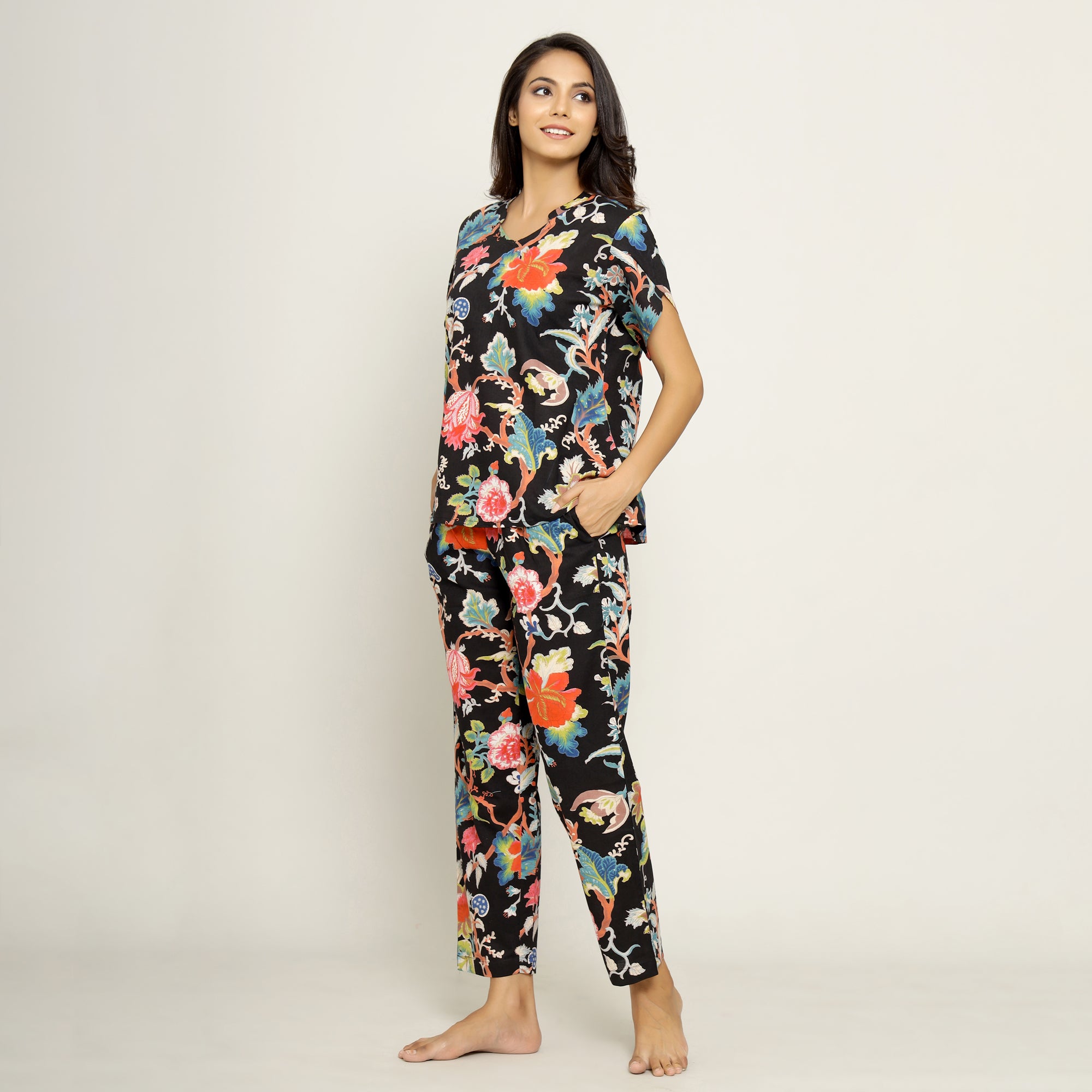 Black Cotton Printed Night Suit Set with Pajama