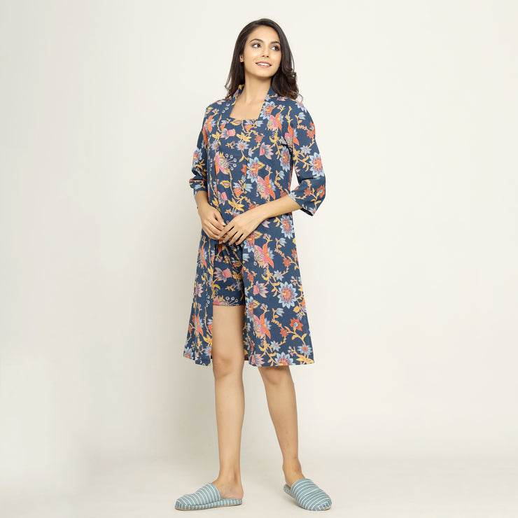 Blue Cotton Printed 3 PEICE Night Suit Set