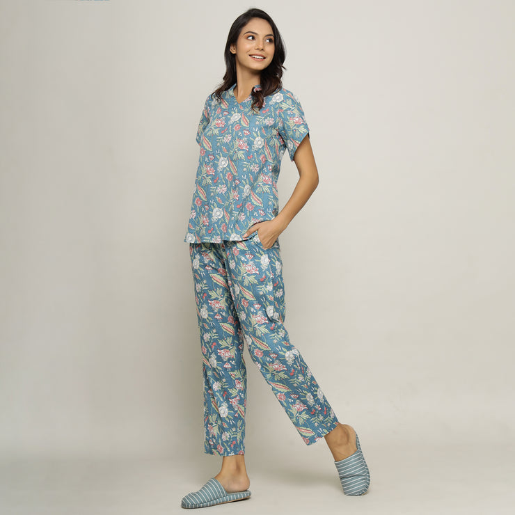 Turquoise Cotton Printed Night Suit Set with Pajama
