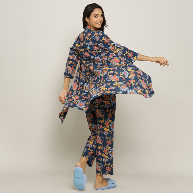 Blue Cotton Printed 3 PEICE Night Suit Set with Payjama