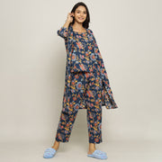 Blue Cotton Printed 3 PEICE Night Suit Set with Payjama