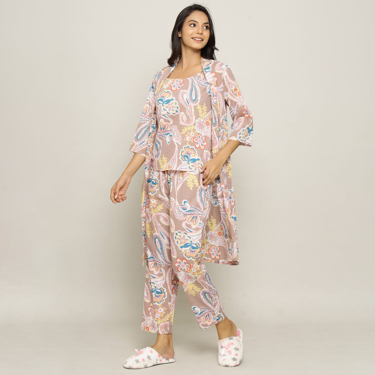 Paisley Cotton Printed 3 peice Night Suit Set