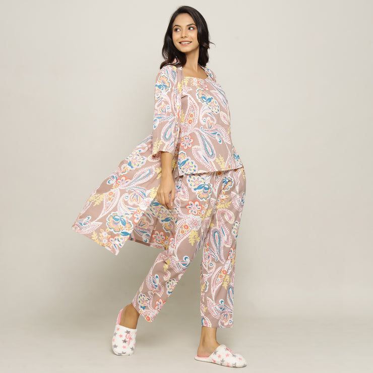 Paisley Cotton Printed 3 peice Night Suit Set