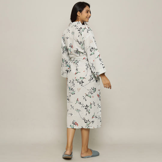 White Cotton Hand printed kimono robe
