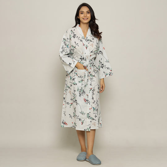 White Cotton Hand printed kimono robe