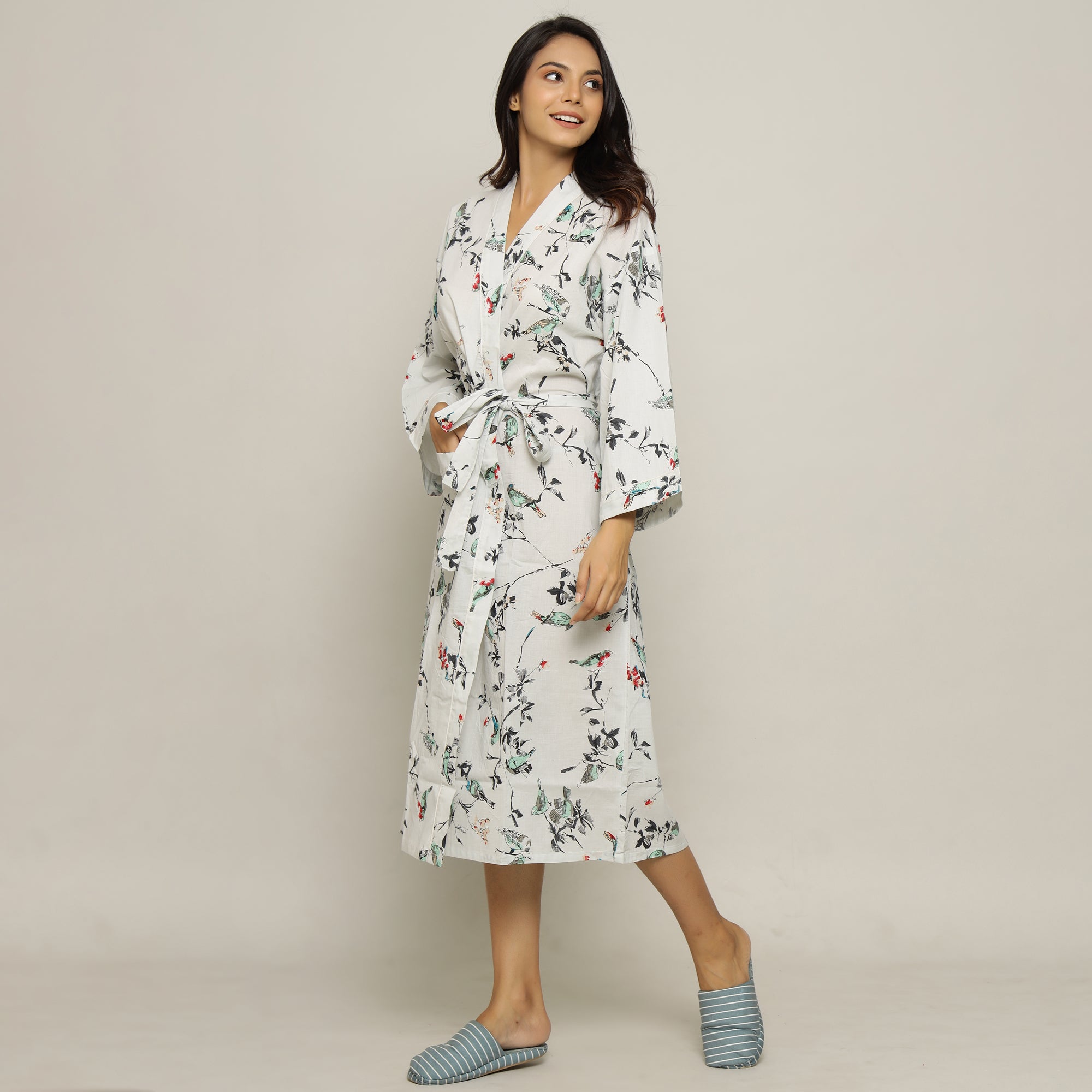 White Cotton Hand printed kimono robe