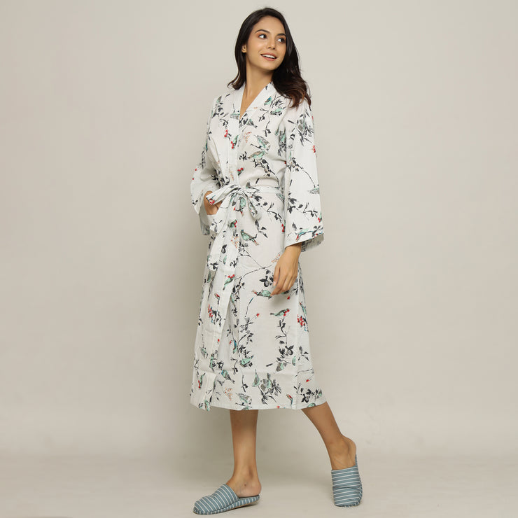 White Cotton Hand printed kimono robe