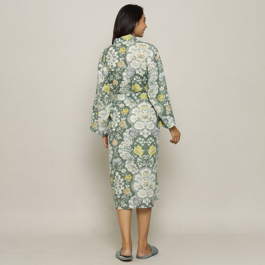 Green Cotton Hand printed kimono robe