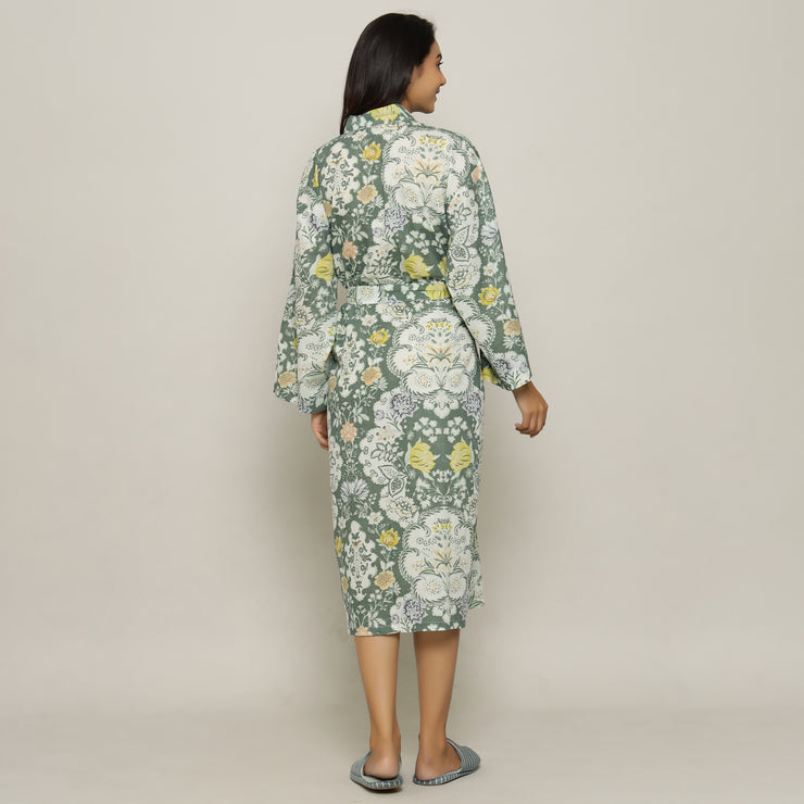 Green Cotton Hand printed Couple kimono robe