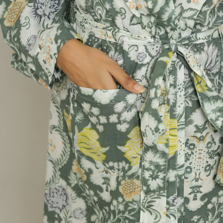 Green Cotton Hand printed kimono robe