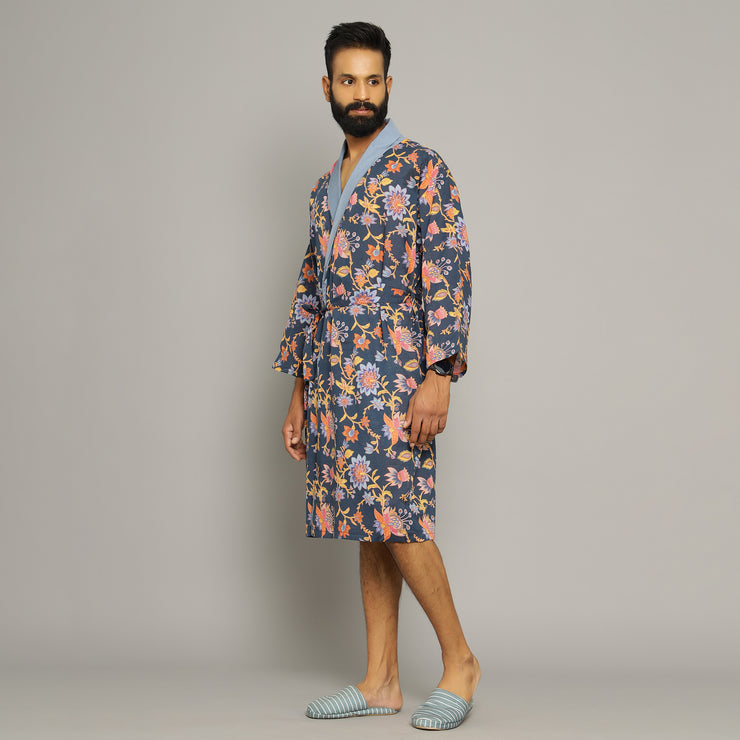 Men's Blue Cotton Hand printed kimono robe