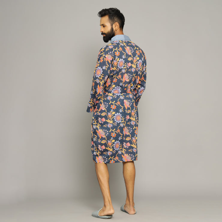 Men's Blue Cotton Hand printed kimono robe