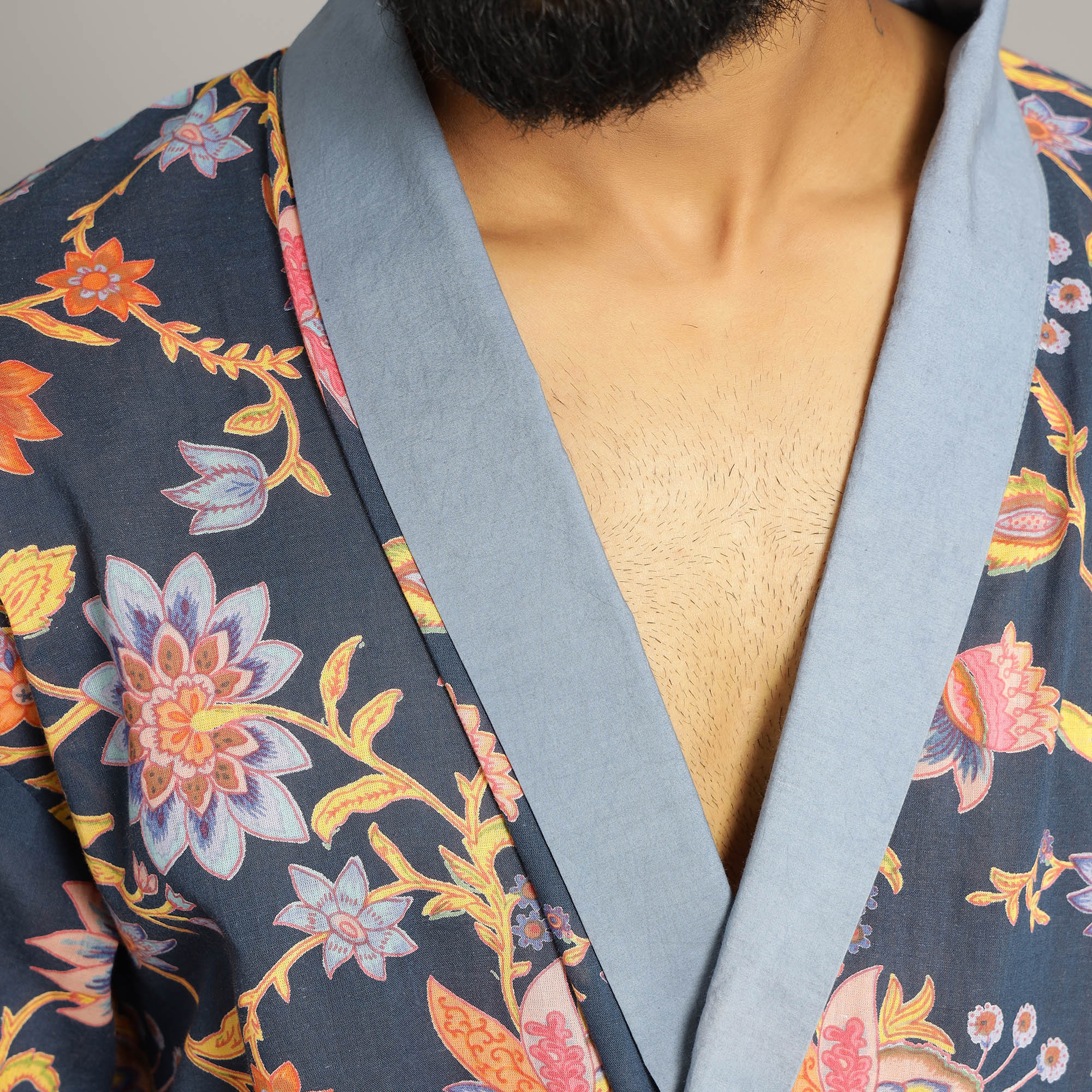 Men's Blue Cotton Hand printed kimono robe
