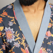 Men's Blue Cotton Hand printed kimono robe