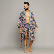 Men's Blue Cotton Hand printed kimono robe