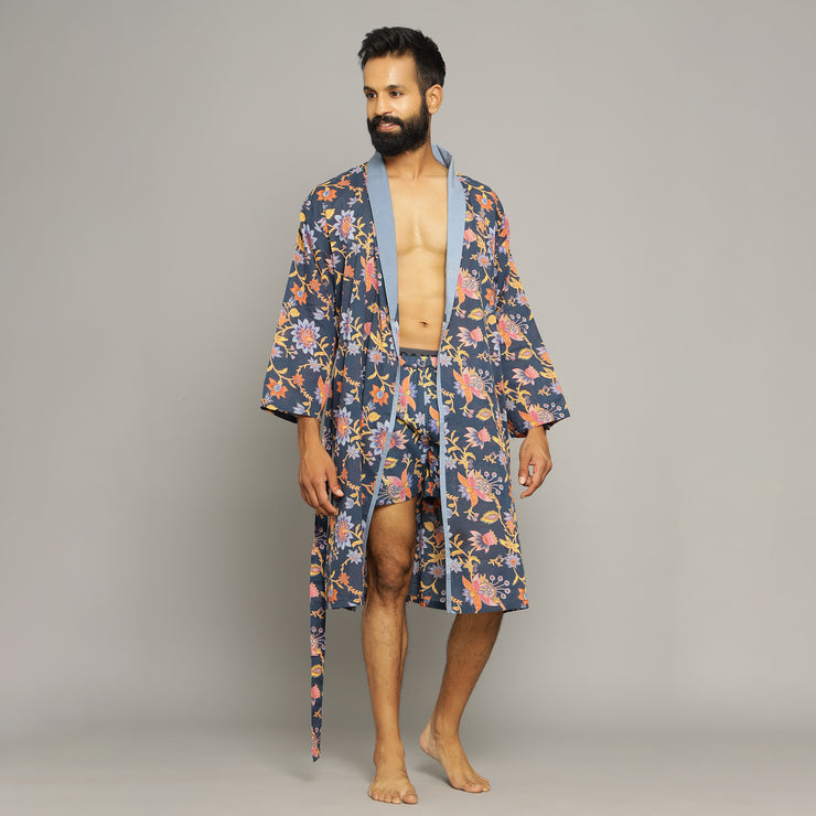 Royal Blue Multi-colour Pure Cotton Couple kimono robe